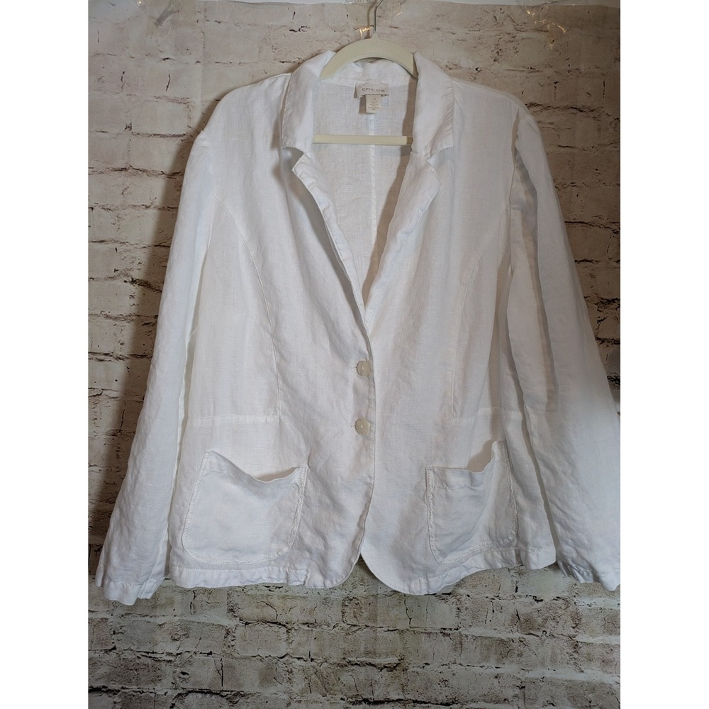Chicos Linen Blazer Womens XL Pure White Lightweight Two Button Beachy Jacket